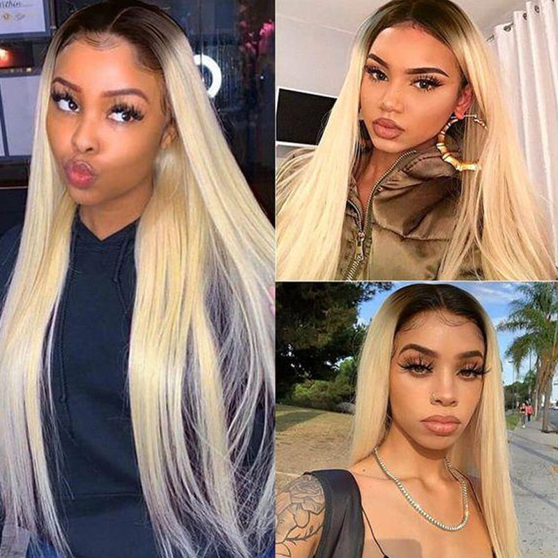 T1B/613 Ombre Blonde Lace Front Human Hair Wigs Brazilian Remy Straight Pre Plucked 13x4 Lace Wig 150% Density