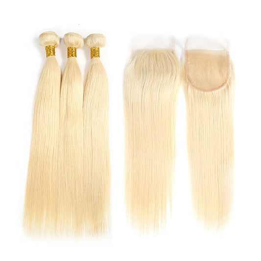 613 Blonde Bundles With 4x4 Closure Brazilian Straight Human Hair Weave Bundles With 613 Closure Transparent Lace Remy Hair