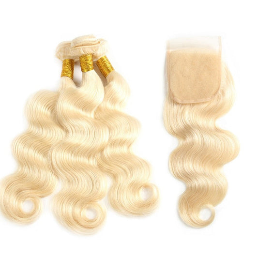 613 Bundles With Closure Brazilian Hair Weave 4x4 Lace Closure with 2 3 Bundle Remy 613 Blonde Body Wave Human Hair Bundles